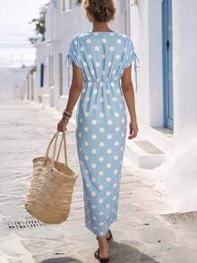 SHEIN Holidaya V-Neck Bowknot Shoulder Long Dress For Women - Baby Blue - View 2