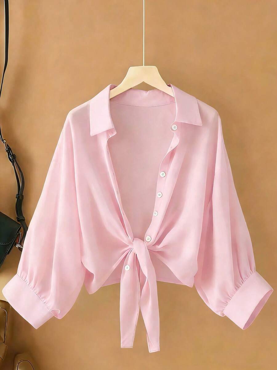 Resyla New Bat Wing Cardigan Short Casual Chiffon Shawl Solid Color Women Blouse - Pink - View 1