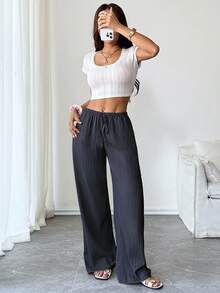 SHEIN Tall 女款休閒度假通勤純色打結腰寬鬆寬腿褲，附側口袋，適合高個女性 - 藏蓝色 - 查看 5