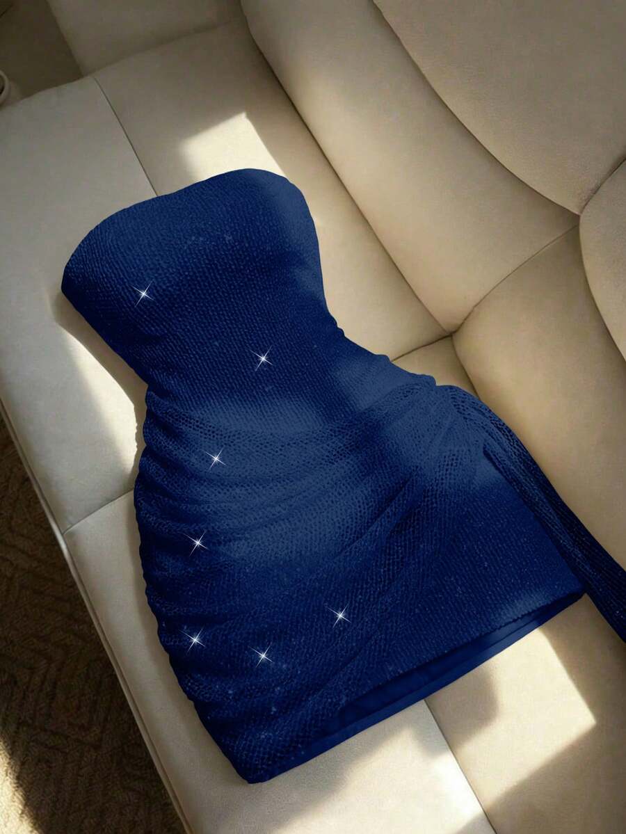 Franclia 女款優雅性感派對抹胸短洋裝,亮片網布材質,不對稱荷葉邊下擺雞尾酒洋裝 - 霧霾藍 - 查看 1