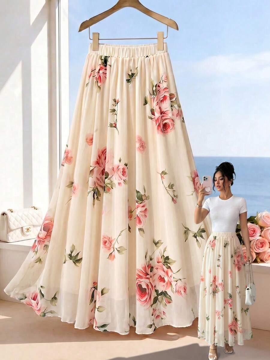 GlowEve 女士休闲A字半身裙，玫瑰印花，适合约会、外出、旅行等各种场合。 - 杏色 - 查看 1