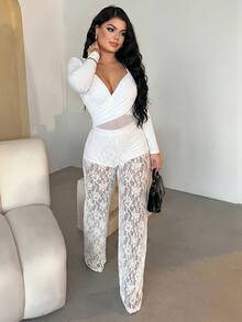 Dayanna Comas 女款 Y2K 性感西式低腰蕾絲喇叭褲，優雅時尚，秋季女裝，白色夏季款 - 白色 - 查看 6