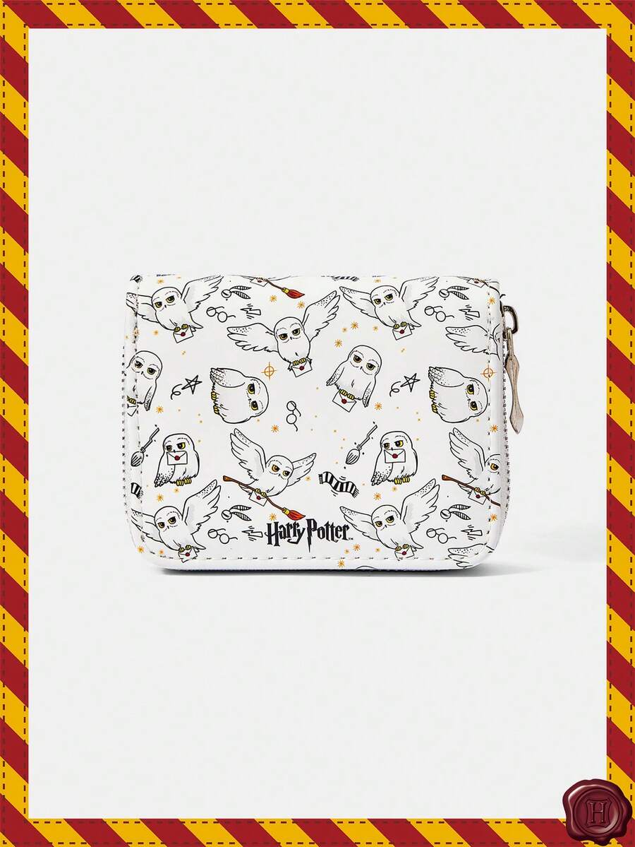 HARRY POTTER X SHEIN 1件裝 星空貓頭鷹短夾式錢包 簡約拉鍊女用零錢包 - 白色 - 查看 1