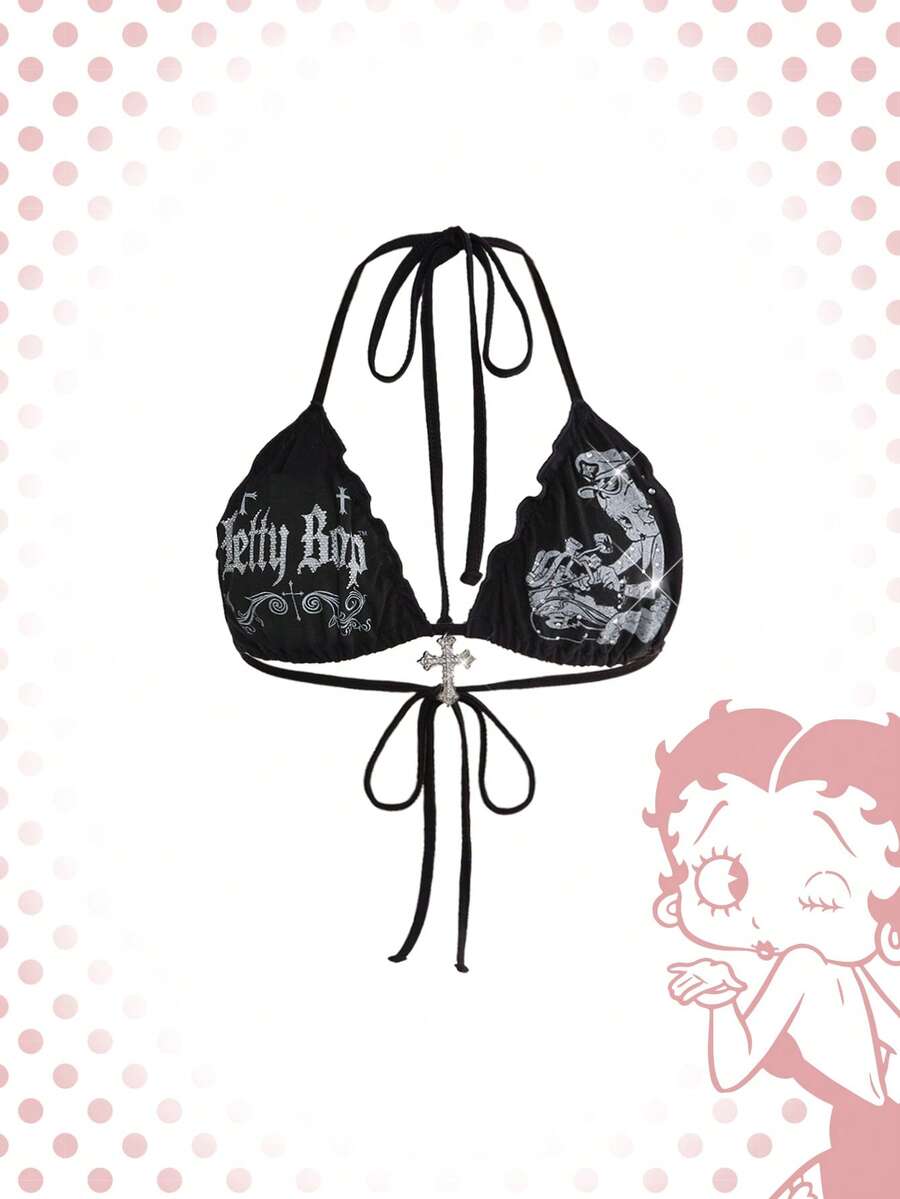 Betty Boop | ROMWE Bộ sưu tập bikini hai mảnh cổ yếm in họa tiết đính đá phong cách vintage rách rưới hợp tác cùng Y2K Baddie Xuân/Hè. - màu đen - Xem 1