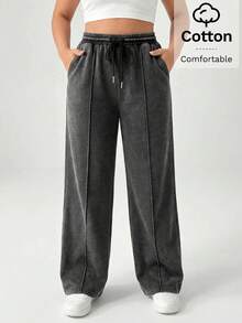 SHEIN PETITE CURVE 大码纯色休闲裤 - 深灰色 - 查看 3