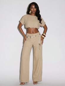 Normani Women's Vacation Casual Solid Color Cropped Top And Pants Set - Khaki - View 6