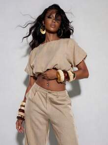 Normani Women's Vacation Casual Solid Color Cropped Top And Pants Set - Khaki - View 7