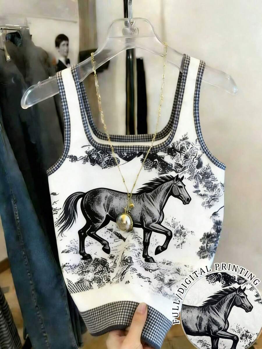 SHEIN Atasan Wanita Motif Kuda Kasual Serbaguna untuk Pemakaian Sehari-hari - Blue and White - View 1
