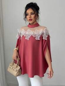 SHEIN Clasi 女士休闲蕾丝网纱拼接开衩袖立领衬衫，适合春、夏、秋季穿着。 - 紅色 - 查看 4