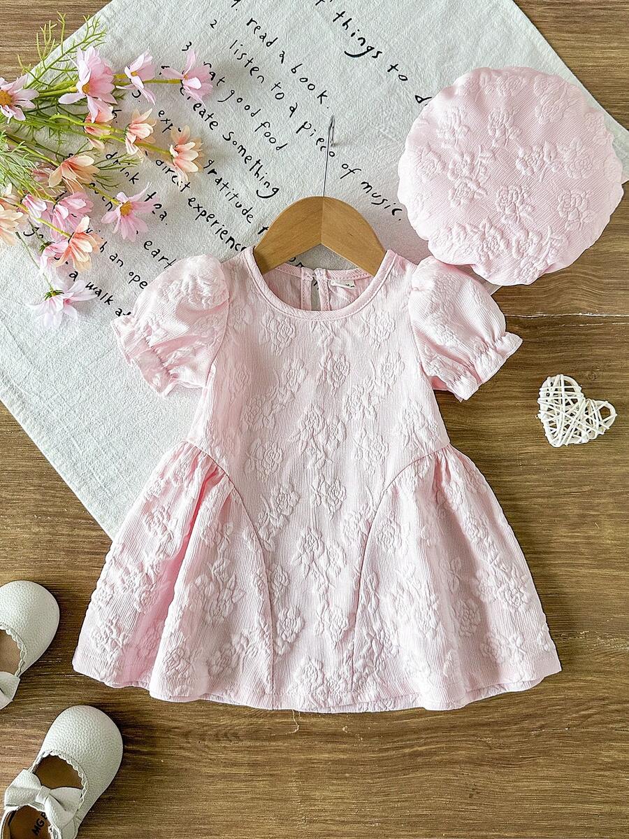 SHEIN Bộ đồ mùa hè dễ thương cho bé gái, gồm váy và mũ beret kẻ caro in hoa cúc màu xanh dương, kiểu dáng thời trang, phù hợp cho bé mặc đi chơi hàng ngày. - Hồng - Xem 1