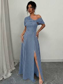 SHEIN Elenzya 不对称肩部褶皱腰身A字型优雅浪漫连衣裙 - 彩色 - 查看 3