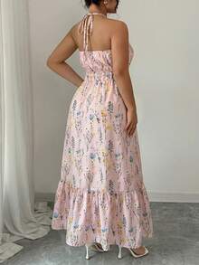 SHEIN LUNE Plus Size Women's Elegant Boho Loose Waist-Cinched A-Line Printed Halter Dress, Suitable For Vacation And Everyday Wear, Spring/Summer Pink Floral - Pink - View 2