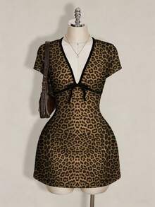 SHEIN ICON 大码女式深V领复古豹纹蝴蝶结短袖A字连衣裙，适合返校、休闲、度假、夏季穿着 - 彩色 - 查看 5