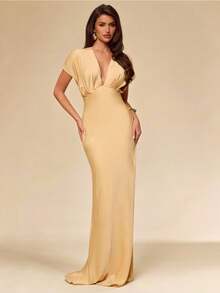SHEIN BAE Yellow V-Neck Ruffle Hem Long Satin Dress, Elegant Wedding Guest Attire, Spring/Summer,Wedding Guest Dress Women - Light Yellow - View 5