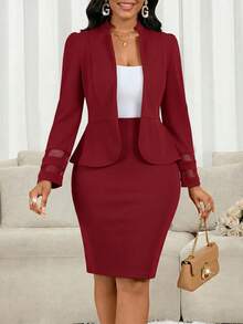 SHEIN Lady Bộ 2 món áo dài tay và chân váy công sở tối giản màu đỏ tía dành cho nữ, thích hợp cho mùa thu/đông. - Màu Đỏ Sâu - Xem 9