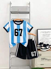 [Random 3 Sets,Send 1 Sets] Young Boy Casual Simple T-Shirt Set Summer Outfits Toddlers Boys Football Soccer Uniform Running Athletics Jogging Outfits - White - View 8