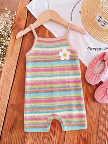 [Random 4pcs,Send 1pc] Baby Girl Casual Camisole Romper,Blue And White Stripe,Summer,Cute,Vacation,Mini Floral Print,Vintage Sweet,Y2K,Kawaii,Korean - Multicolor - View 3