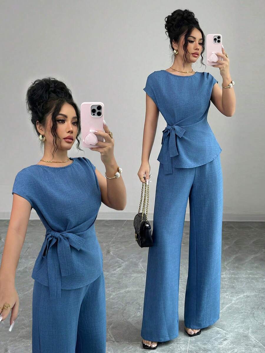 SHEIN PETITE 女款優雅夏季水藍色通勤休閒百褶可調腰蝴蝶結襯衫與高腰口袋寬鬆寬腿褲套裝,2件組,適合嬌小女性 - 藍色 - 查看 1
