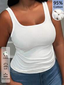 Slaydiva Camiseta sin mangas de punto acanalado de cuello en U de talla grande, 95% algodón, color blanco, con textura acanalada y detalle fruncido en los laterales - Blanco - Ver 3