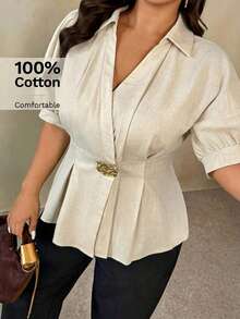 Auralis Beige Summer Smart Casual Office Bussines Formal Plus-Size Puff-Sleeved Fitted Pleated A-Line Metal-Buttoned Shirt Elegant Women Tops Teachers' Day - Apricot - View 1