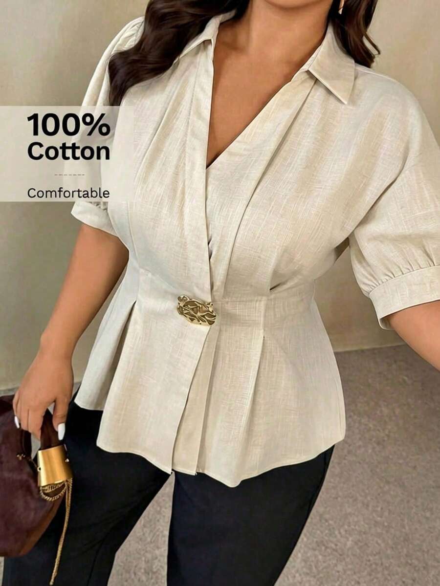 Auralis Beige Summer Smart Casual Office Bussines Formal Plus-Size Puff-Sleeved Fitted Pleated A-Line Metal-Buttoned Shirt Elegant Women Tops Teachers' Day - Apricot - View 1
