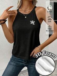 SHEIN LUNE Women's Casual 3D NY Letter Foaming Tight Neck Camisole, Suitable For Summer,Summer Top - Black - View 6