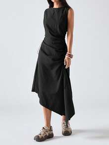 SHEIN EZwear Plus Size Solid Color Minimalist Sleeveless Dress, Casual Everyday Wear - Black - View 9