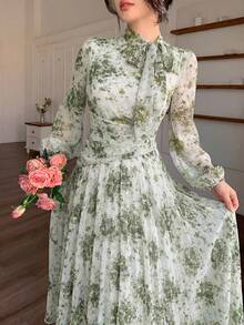 Modelyn Green Tie Collar Ruched Waist Women's Dress, Suitable For Spring And Autumn - Green - View 6