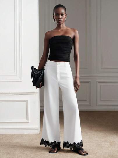 Aveloria Rosie White Solid Color Straight Leg Pants With Black Contrast Color Lace Trim At Hem, Elegant Sophisticated Romantic Vintage Casual Versatile, Spring/Summer