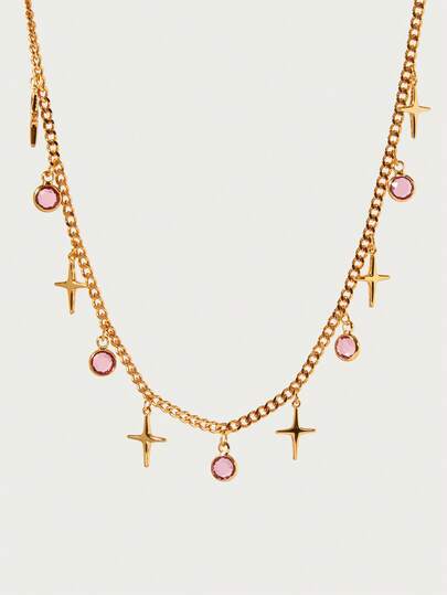 Glisma Cross Pink Gemstone Pendant Delicate Necklace,Premium/Old Money/Classy,Sexy/Vintage,Summer/Beach/Prom/Party,For Mom/Women/Girl/Mother,Layered/Gemstone/Beaded/Crystals