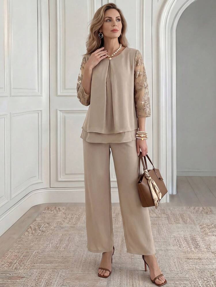 Middle-Aged & Elderly Women's Sequin Decor Round Neck Top & Solid Color Pants Set