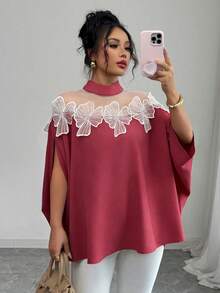 SHEIN Clasi 女士休闲蕾丝网纱拼接开衩袖立领衬衫，适合春、夏、秋季穿着。 - 紅色 - 查看 1
