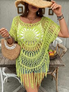 SHEIN VCAY Plus Size Women Solid Color Hollow Out Tassel Design Casual Versatile Daily Wear Knit Top - Olive Green - View 3