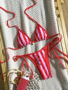 Swim Vcay 2026 春夏細肩帶隨機紅藍條紋 + 純紅抽繩掛脖高衩女款比基尼泳衣兩件套 - 彩色 - 查看 1