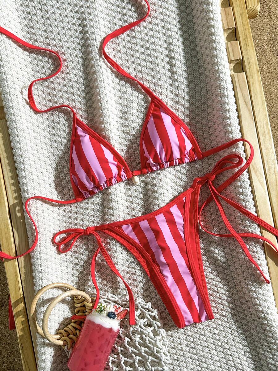 Swim Vcay 2026 春夏細肩帶隨機紅藍條紋 + 純紅抽繩掛脖高衩女款比基尼泳衣兩件套 - 彩色 - 查看 1