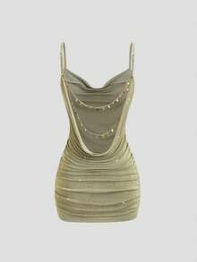 SHEIN PETITE 女款橄欖綠夏季70年代夜店派對深V領露背抓皺迷你緊身洋裝，Y2K法式時尚細肩帶長裙，適合嬌小女性 - 綠色 - 查看 1