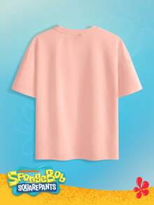 SpongeBob SquarePants | SHEIN Manfinity Hypemode 男士休閒可愛卡通貼布圓領短袖T恤，夏季，度假 - 粉色 - 查看 2