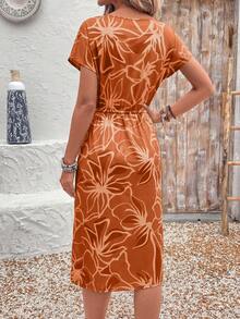 Vestido midi casual de vacaciones con estampado floral completo para mujer - Naranja - Ver 2