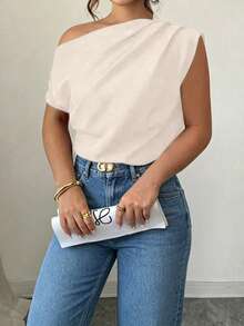 Elenzga Black Plus Size Shirt With Ruched Design, Comfortable Casual Short Sleeve Oblique Shoulder, Suitable For Spring, Summer, Autumn - Apricot - View 3