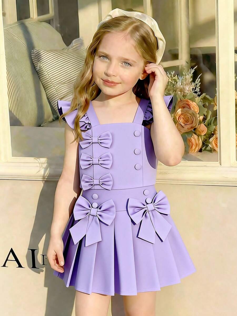 Elladie kids 女童紫色蝴蝶結無袖短版背心上衣搭配百褶蝴蝶結裙套裝,甜美可愛夏季生日穿搭 - 淡紫色 - 查看 1