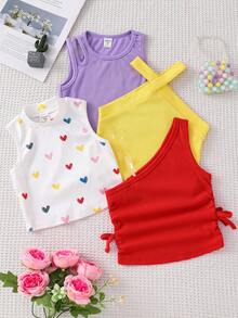 Set de 4 piezas de chaleco de punto de unicolor con patrón de corazón para niña - Rojo - Ver 3
