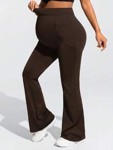 SHEIN Pantalones acampanados casuales y versátiles de unicolor con cintura ajustable para uso diario durante el embarazo - Café integral - Ver 5