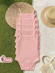 SHEIN Set unisex de cinci piese pentru bebeluși, băieți și fetițe: casual, simplu, tricotat, confortabil, elastic, culoare uni, cu bretele, body cu deschidere între picioare, perfect pentru vară - Baby Pink - Vizualizare 2