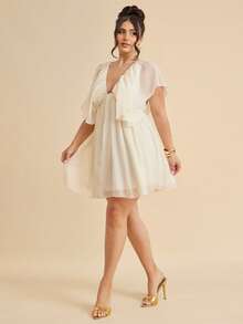 SHEIN BAE Plus Size White Summer Elegant Wedding Vacation Cocktail Guest Party Dress For Women, Textured Loose Casual Minimalist Solid Color Ruffle Dress - Apricot - View 7
