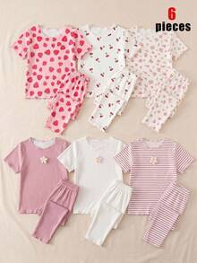 6pcs Girls Pajama Set, Short Sleeve Top And 3/4 Pants, Spring/Summer Home Wear - Multicolor - View 1