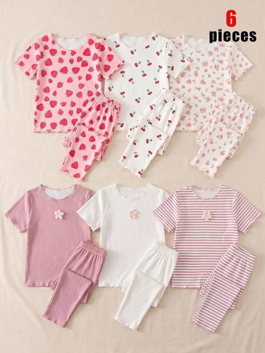 6pcs Girls Pajama Set, Short Sleeve Top And 3/4 Pants, Spring/Summer Home Wear - Multicolor - View 1