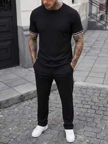 Manfinity CasualCool Men's Black Ribbed Knit 2 Piece Set,Short Sleeve T-Shirt & Pants Outfits,Casual Summer Holiday Old Money Style,Stylish Y2k Vintage Gift For Husband - Black - View 4