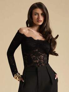 SHEIN BAE Wine Red Off-Shoulder Tight-Fitting Long Lace Sheer Bodysuit, Beach Resort, Outing Wedding Guest Attire, Spring/Summer - Black - View 4