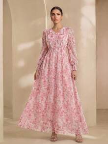Graceveil Fashionable Romantic Embroidered Floral Long Dress For Women Fall Cloth For Women Elegant Vacation - Pink - View 1
