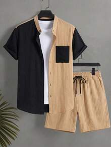 Surfspeed Bộ đồ nam mùa hè thường ngày, kiểu dáng casual, áo sơ mi ngắn tay cài cúc phía trước phối màu tương phản và quần short, thích hợp mặc đi biển. - Nhiều màu - Xem 2